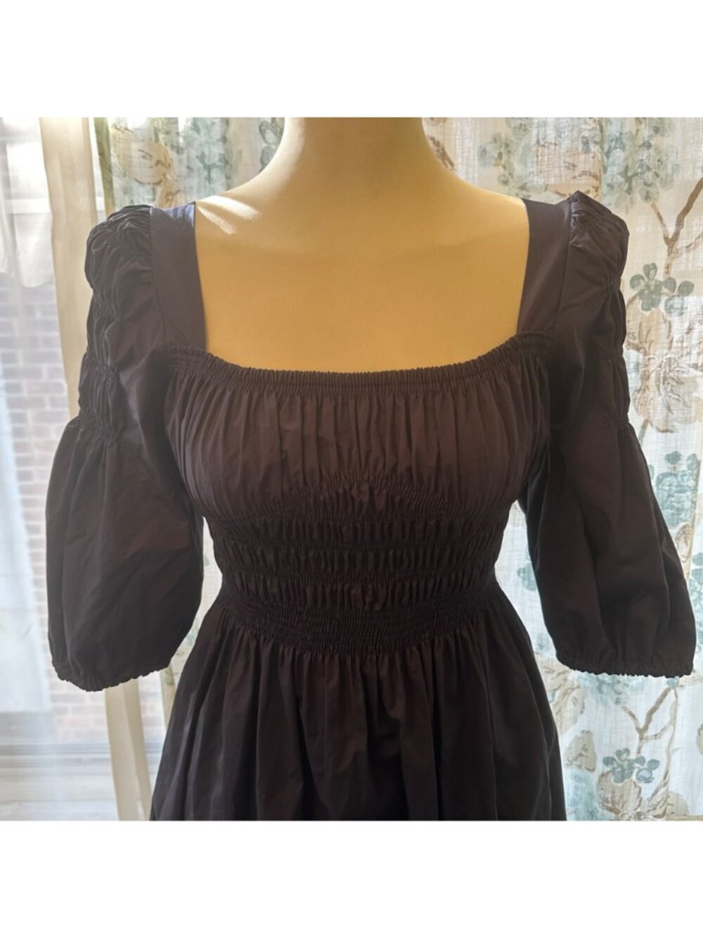 Monica Nera Navy Penelope Dress With Smocked Square Neckline & Puff Sleeves Sign - Picture 8 of 10